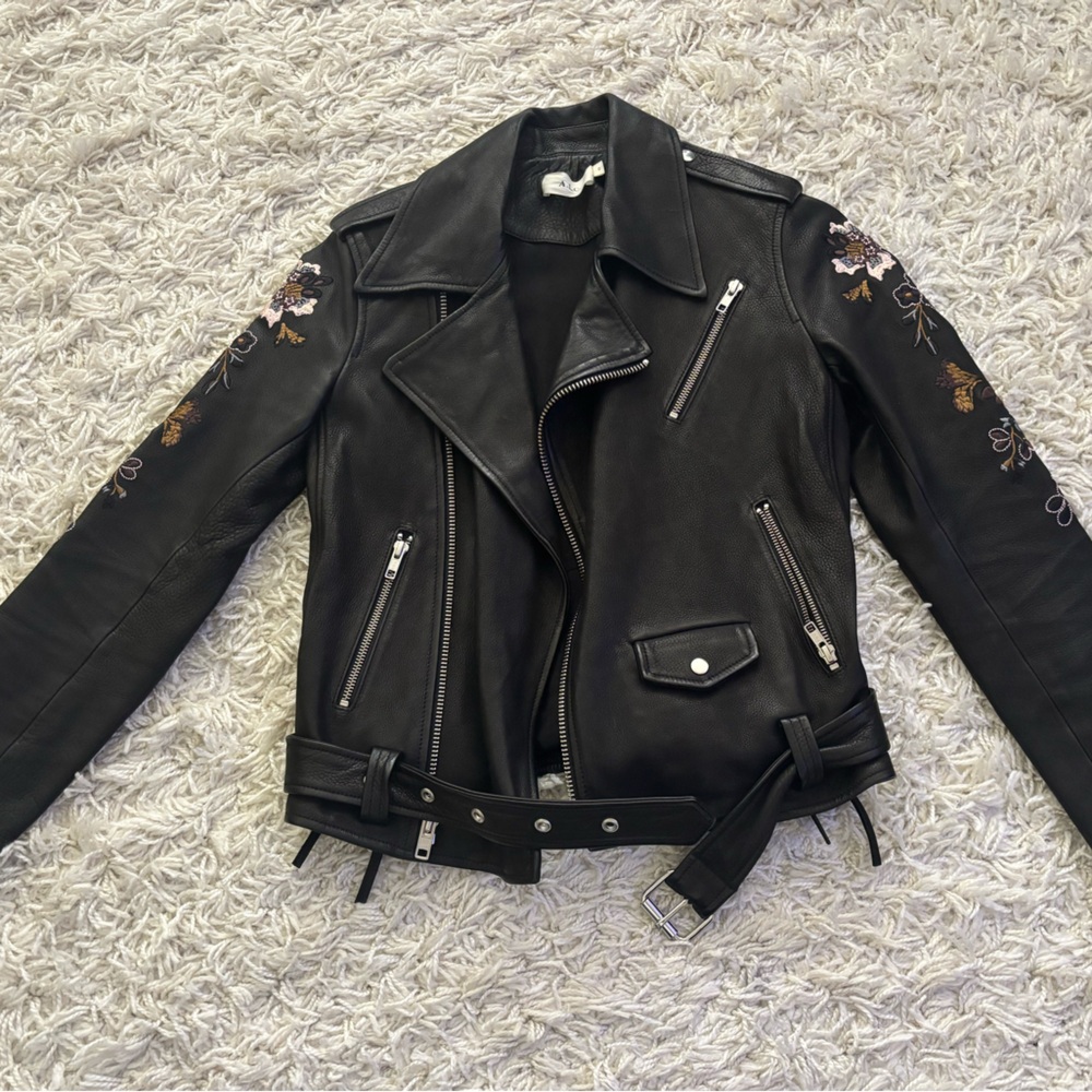 A.L.C. Black Leather Jacket with Floral Embroidery